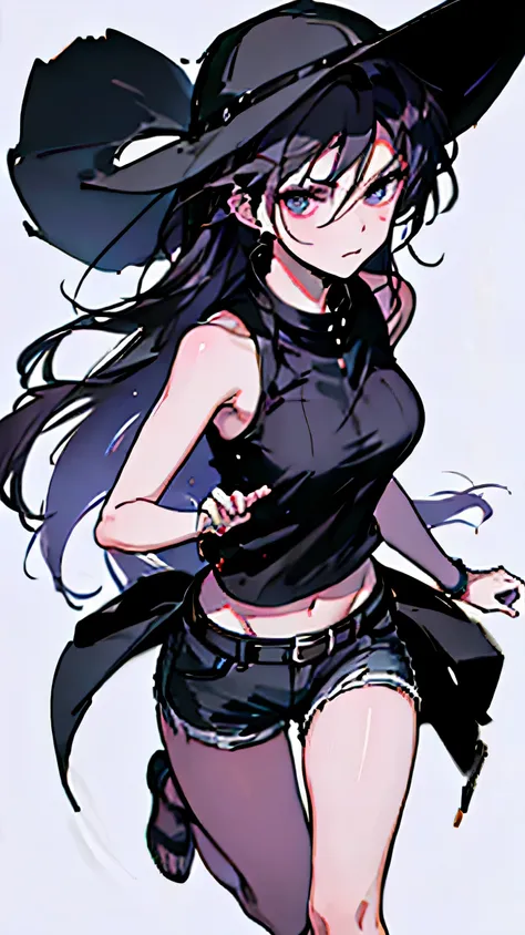 A realistic anime style depiction of a woman with dynamic and confident steps.. Wavy hair flows beneath a chic bucket hat、A sleeveless black top layered with a long top.。, Dark vest left open. Her outfit is completed with high-waisted denim shorts, Accente...