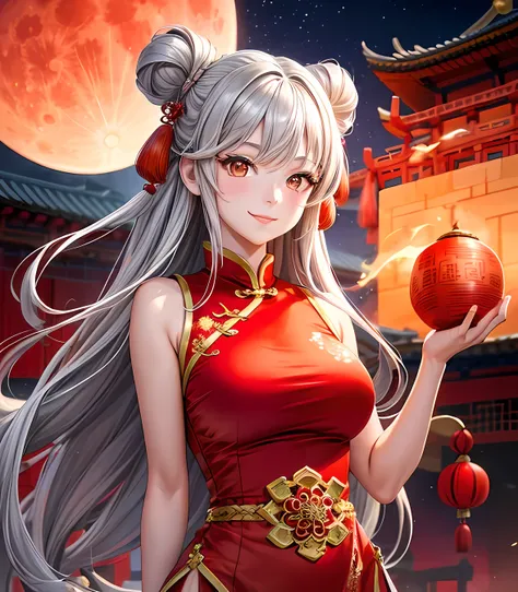 masterpiece, best quality, 1 girl, gray hair, orange eyes, red outfit, chinese dress, red sky, (dragons in background:1.0), full moon, lunar new year, (upper body:1.1), smile, fire crackers, realistic