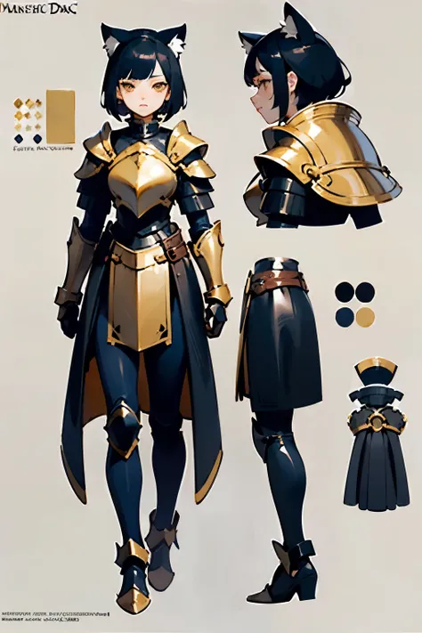 photography of a 20yo woman, perfect face, masterpiece, cat girl, neko, black hair, and gold eyes, fantasy, DND, black leather, armor, full body, character sheet