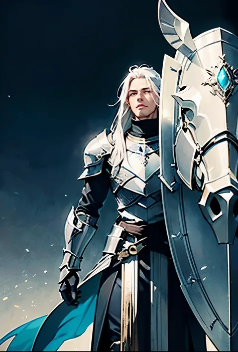 (gleaming shield:1.1, silver accents on armor)
28-year-old man with (albino) features,(ultra-detailed, anime style) (long white hair) flowing down to his waist. He stands tall and proud, dressed in (knight) armor that exhibits (silver accents on armor) (be...