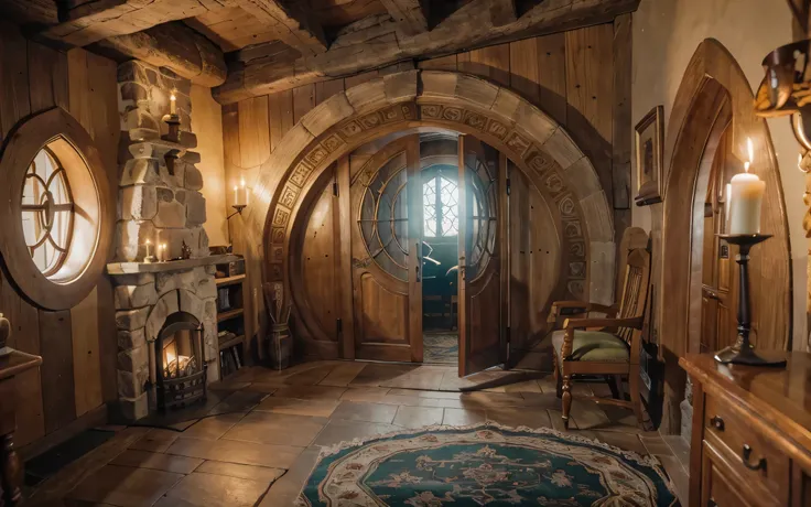 um lindo e aconchegante castelo de madeira hobbit, com lareira lateral, a room with carpet and incredible glass, there are candles in the photo, MAKE THE MOST DETAILED PICTURE