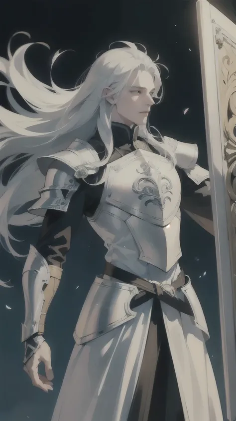 (gleaming shield:1.1, silver accents on armor)
28-year-old man with (albino) features,(ultra-detailed, anime style) (long white hair) flowing down to his waist. He stands tall and proud, dressed in (knight) armor that exhibits (silver accents on armor) (be...