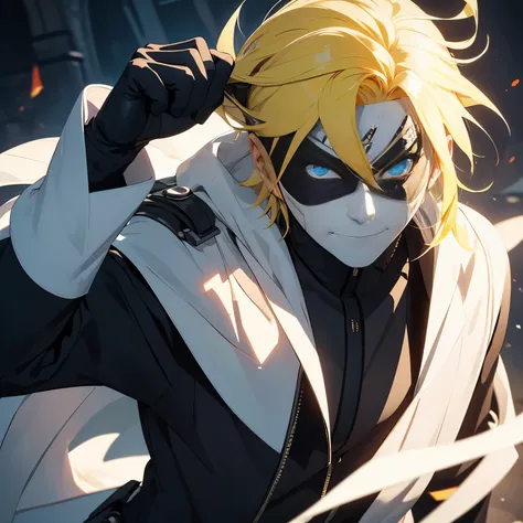 solo male, white robes, black pants, black gloves, (( Assassin mask)), yellow hair, ((blue Eyes)), (mask face), fantasy