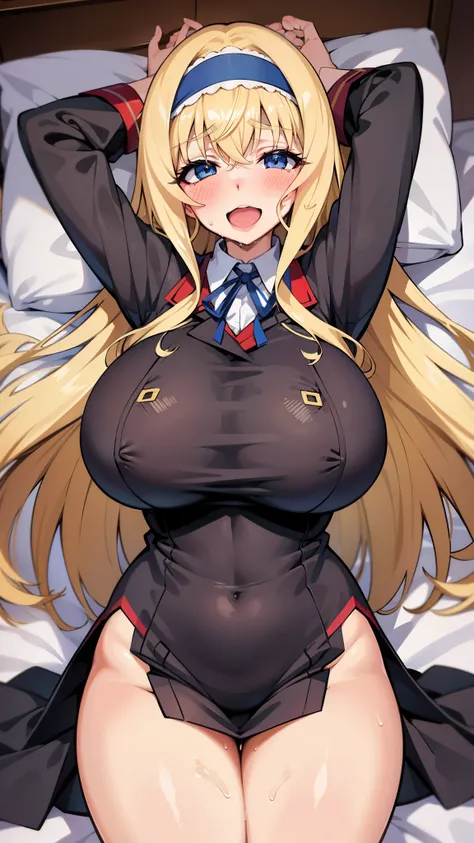 huge breasts,, , solo, ,open mouth,cowboy shot,smile,wide hips,sweat body,wet body,long hair,hair band,blonde hair,,orgasm,ahegao,blush,lying,on bed,uniform