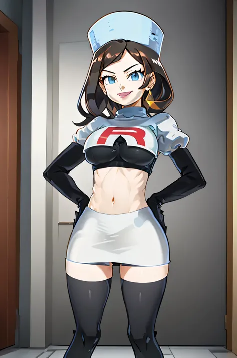 8k, anime screencap,1girl in, (solo:1.2), (perfect body:1.1), (best quality:1.1), very large breast, team rocket uniform, red letter r, white skirt,white crop top,black thigh-high boots, black elbow gloves, evil smile, looking down at viewer, hands on hips...