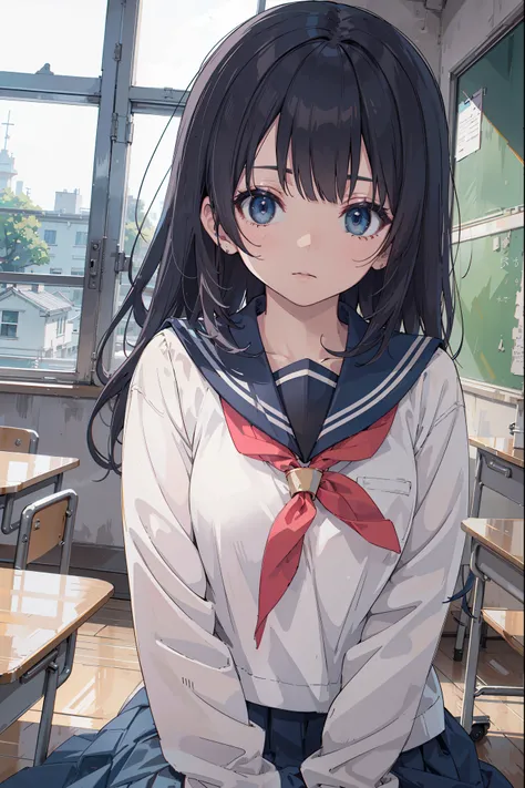 masterpiece, best quality, 8k, official art, raw photo, incredibly absurdres, beautiful girl, pretty face, (sitting, upper body, sailor uniform, serafuku,:1.2), school uniform, shirt, looking at viewer, close up, teen, classroom, bow tie, navy pleated skir...