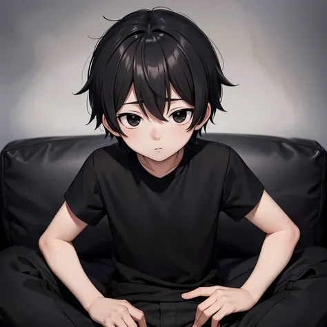 Black hair, grey skin, shota, boy, short hair, black shirt, black pants, black eyes, completely black eyes, short, kuudere, expressionless, emotionless