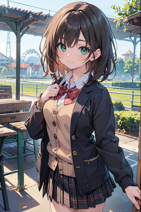 ((masterpiece, best quality, highres, UHD, perfect pixel, depth of field, 4k, RTX, HDR))), 1girl, single, solo, beautiful anime girl, beautiful artstyle, anime character, ((long hair, bangs, brown hair, curly hair:0.5)), ((green eyes:1.4, rounded eyes, bea...