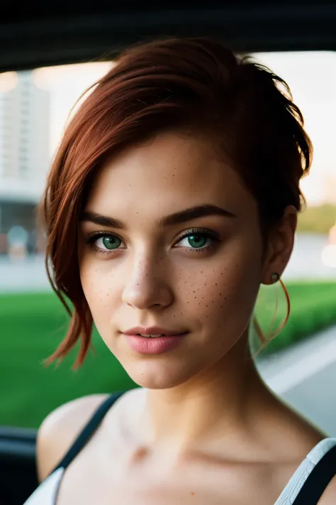 cinematic photo girl with short red hair and green eyes with freckles on her facespecular lighting, film grain, samsung galaxy, ...