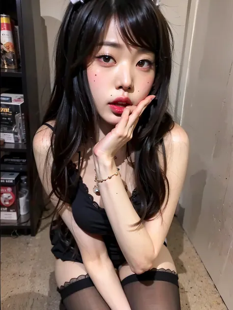 a close up of a woman in a black lingerie posing for a picture, belle delphine, 1 8 yo, asian girl, cruel korean goth girl, anime girl in real life, korean girl, shikamimi, 18 years old, beautiful asian girl, japanese goddess, seductive anime girl, ultrare...