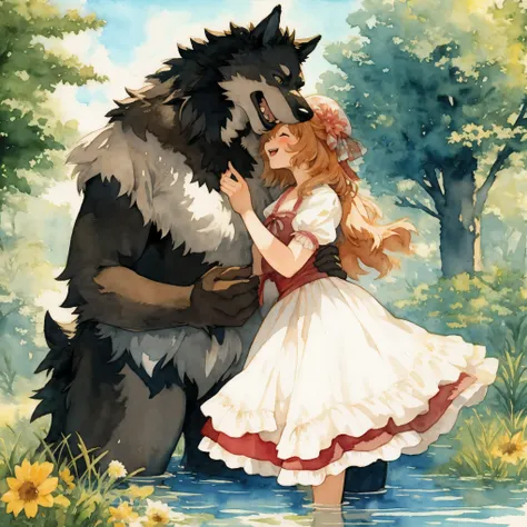 watercolor, soft color, Vintage images, highres, unparalleled masterpiece, absurdres, love story of human  girl and giant Werewolf, pair, Height difference, Physical difference, perfect anatomy, smile, joyful, play with, smile, happy, watercolor,