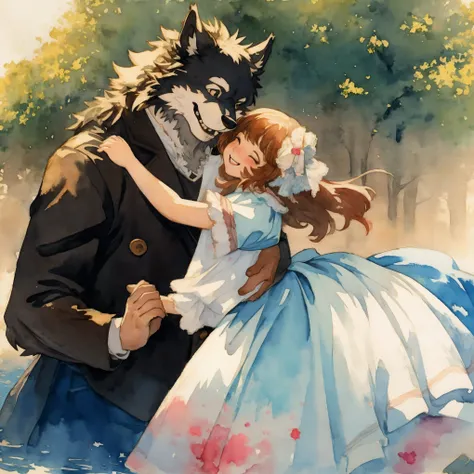 watercolor, soft color, Vintage images, highres, unparalleled masterpiece, absurdres, love story of human  girl and giant Werewolf, pair, Height difference, Physical difference, perfect anatomy, smile, joyful, play with, smile, happy, watercolor,