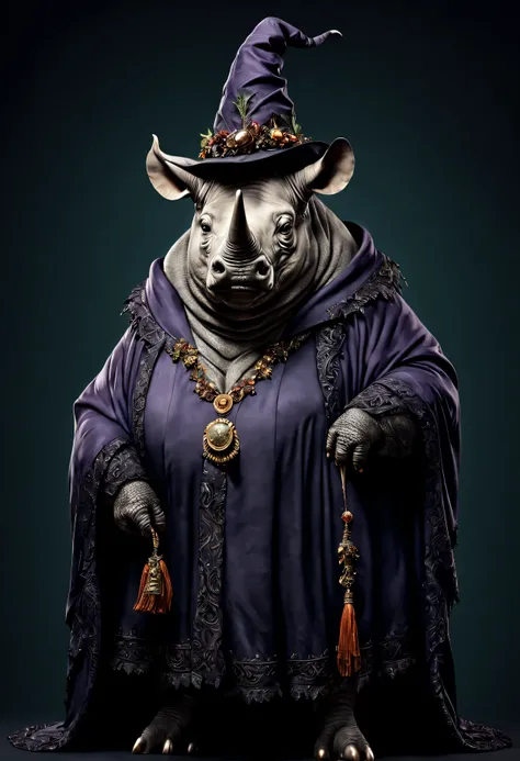 photorealistic portrait of Dressed animals - a ((fat)) rhino witch,(elegant pose), high quality,(lovely) ,intricate details, highly detailed ((witch robe and hat)) ,,highly detailed decorations, , (creepy), studio lighting,(full body image:1.5)