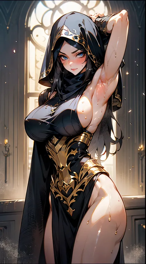 photorealistic, high resolution, 1 girl, hips up,  long straight black hair, beautiful eyes, normal breast, dark souls style, armor, black hijab, black niqab, golden embroidery, ultra detailed armpit, sweaty armpit, wet, muscular,