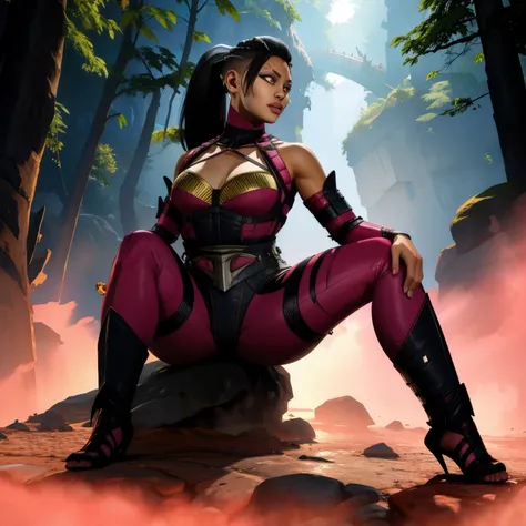 mileena, mortal kombat, insanely detailed, raw, sitting, shot in 8k, black hair, ponytail, lips, yellow catlike eyes, pink bodysuit, full body, mask, dynamic pose, royal castle, comes out of the forest in the fog, atmosphere of darkness and horror, in the ...