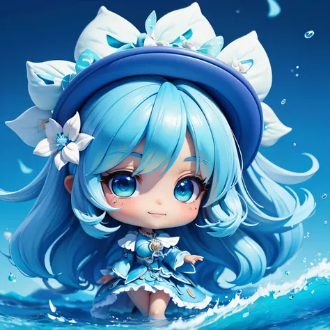 cute赤ちゃん少しアニメ、deep blue shiny swimsuit、Open your mouth and be surprised、slutty gloss makeup、detailed face、(((chibi 3d))) (highest quality), (debris flies)、((highest quality)), ((masterpiece)), ( extreme details, best details, official art, beautiful and ae...