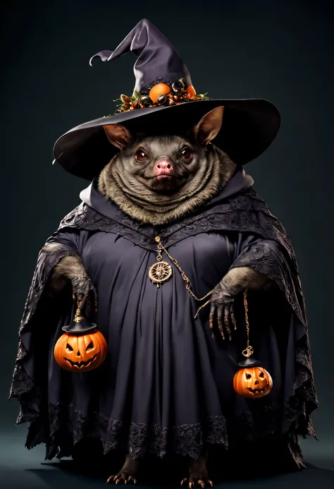 photorealistic portrait of Dressed animals - a ((fat)) bat witch,(elegant pose), high quality,(lovely) ,intricate details, highly detailed ((witch robe and hat)) ,,highly detailed decorations, , (creepy), studio lighting,(full body image:1.5)