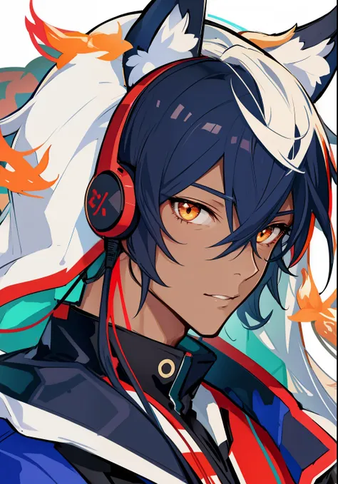 Highly detailed, Kitsune, Anime boy, dark skin, gaming headphones, wearing gaming clothes