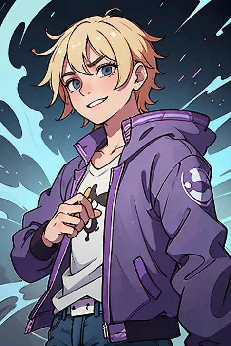 Jujutsu Sorcerer, Male, 15 years old, blonde hair, male man character, blond hair, jujutsu sorcerer, wearing a jeans jacket, green eyes, short hair, smiling to camera, purple locks on hair, with spray paint can on hand