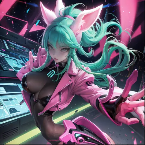 Gothic and technological aspect with futuristic city on neon background、flying skateboard、New and stylish colorful hair、(2 tone color、)、highlight pink、A neon suit gal with huge breasts、Shiny huge  fishnet stockings、rabbit ears、