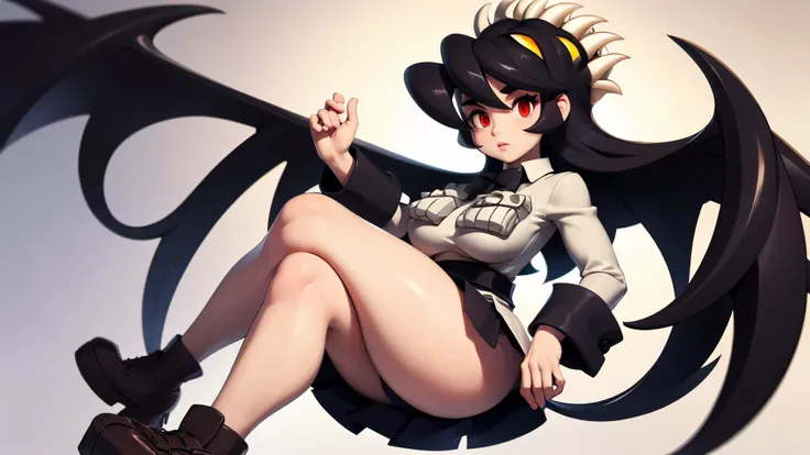 Filia, wearing a sexy black and short skirt, with black socks, brown shoes, a tiny white skirt and a tiny black tie, big breasts, wide hips, tiny waist, big thighs, big ass, long hair, detailed eyes, anatomically perfect body, long legs, feminine and beaut...