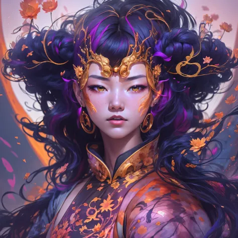 2679 Cyberpunk Year（masterpiece，HD，超HD，32k lotus root starch）Bright purple flowing hair，autumn pond， lotus root starch color， Asian （Michiko）， （silk scarf）， fighting stance， looking at the ground， Orange gradient long hair， ((Thick frame reflective jade wi...