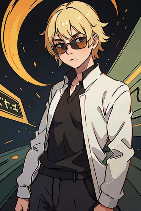 Jujutsu Sorcerer, Male, 17 years old, light green eyes, black sunglasses, blonde hair, school uniform