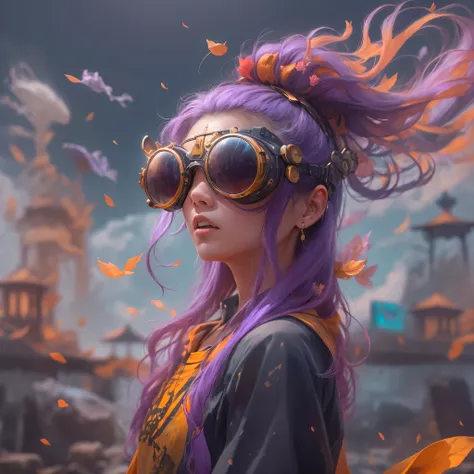 2679 Cyberpunk Year（masterpiece，HD，超HD，32k lotus root starch）Bright purple flowing hair，autumn pond， lotus root starch color， Asian （Michiko）， （silk scarf）， fighting stance， looking at the ground， Orange gradient long hair， ((Thick frame reflective jade wi...