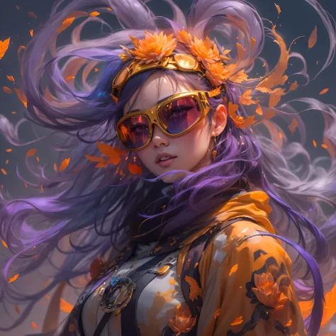 2679 Cyberpunk Year（masterpiece，HD，超HD，32k lotus root starch）Bright purple flowing hair，autumn pond， lotus root starch color， Asian （Michiko）， （silk scarf）， fighting stance， looking at the ground， Orange gradient long hair， ((Thick frame reflective jade wi...