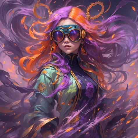 2679 Cyberpunk Year（masterpiece，HD，超HD，32k lotus root starch）Bright purple flowing hair，autumn pond， lotus root starch color， Asian （Michiko）， （silk scarf）， fighting stance， looking at the ground， Orange gradient long hair， ((Thick frame reflective jade wi...