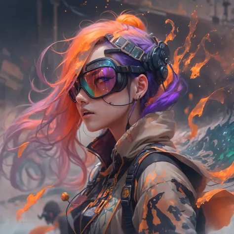 2679 Cyberpunk Year（masterpiece，HD，超HD，32k lotus root starch）Bright purple flowing hair，autumn pond， lotus root starch color， Asian （Michiko）， （silk scarf）， fighting stance， looking at the ground， Orange gradient long hair， ((Thick frame reflective jade wi...