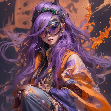 2679 Cyberpunk Year（masterpiece，HD，超HD，32k lotus root starch）Bright purple flowing hair，autumn pond， lotus root starch color， Asian （Michiko）， （silk scarf）， fighting stance， looking at the ground， Orange gradient long hair， ((Thick frame reflective jade wi...