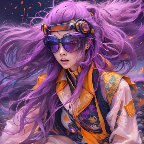 2679 Cyberpunk Year（masterpiece，HD，超HD，32k lotus root starch）Bright purple flowing hair，autumn pond， lotus root starch color， Asian （Michiko）， （silk scarf）， fighting stance， looking at the ground， Orange gradient long hair， ((Thick frame reflective jade wi...