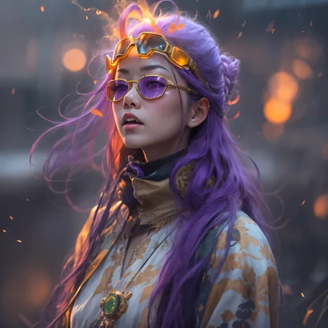 2679 Cyberpunk Year（masterpiece，HD，超HD，32k lotus root starch）Bright purple flowing hair，autumn pond， lotus root starch color， Asian （Michiko）， （silk scarf）， fighting stance， looking at the ground， Orange gradient long hair， ((Thick frame reflective jade wi...