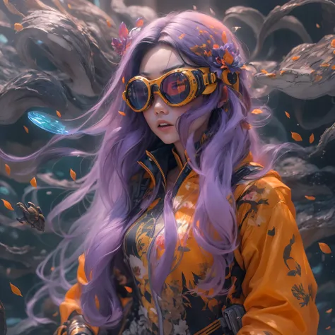 2679 Cyberpunk Year（masterpiece，HD，超HD，32k lotus root starch）Bright purple flowing hair，autumn pond， lotus root starch color， Asian （Michiko）， （silk scarf）， fighting stance， looking at the ground， Orange gradient long hair， ((Thick frame reflective jade wi...