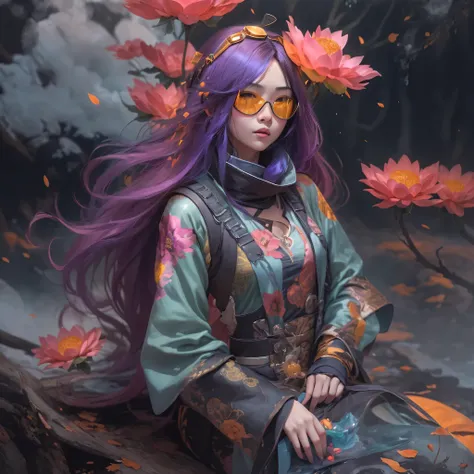 2679 Cyberpunk Year（masterpiece，HD，超HD，32k lotus root starch）Bright purple flowing hair，autumn pond， lotus root starch color， Asian （Michiko）， （silk scarf）， fighting stance， looking at the ground， Orange gradient long hair， ((Thick frame reflective jade wi...