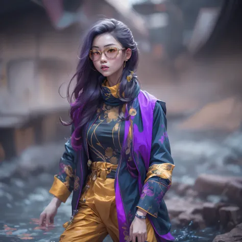 5679 Cyberpunk Year（masterpiece，HD，超HD，32k lotus root starch）Bright purple flowing hair，autumn pond， lotus root starch color， Asian （Michiko）， （silk scarf）， fighting stance， looking at the ground， Orange gradient long hair， ((Thick frame reflective jade wi...