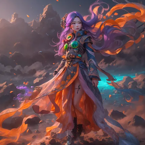 5679 Cyberpunk Year（masterpiece，HD，超HD，32k lotus root starch）Bright purple flowing hair，autumn pond， lotus root starch color， Asian （Michiko）， （silk scarf）， fighting stance， looking at the ground， Orange gradient long hair， ((Thick frame reflective jade wi...