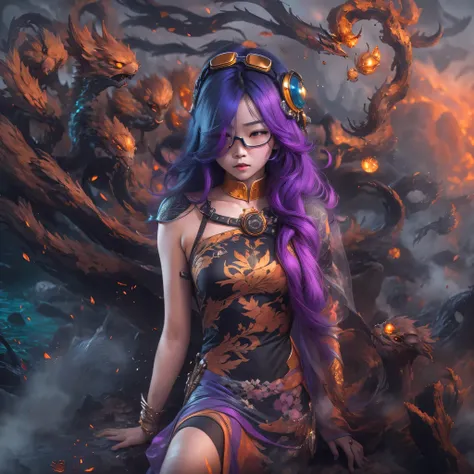 5679 Cyberpunk Year（masterpiece，HD，超HD，32k lotus root starch）Bright purple flowing hair，autumn pond， lotus root starch color， Asian （Michiko）， （silk scarf）， fighting stance， looking at the ground， Orange gradient long hair， ((Thick frame reflective jade wi...