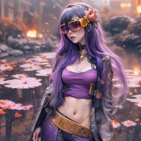 5679 Cyberpunk Year（masterpiece，HD，超HD，32k lotus root starch）Bright purple flowing hair，autumn pond， lotus root starch color， Asian （Michiko）， （silk scarf）， fighting stance， looking at the ground， Orange gradient long hair， ((Thick frame reflective jade wi...