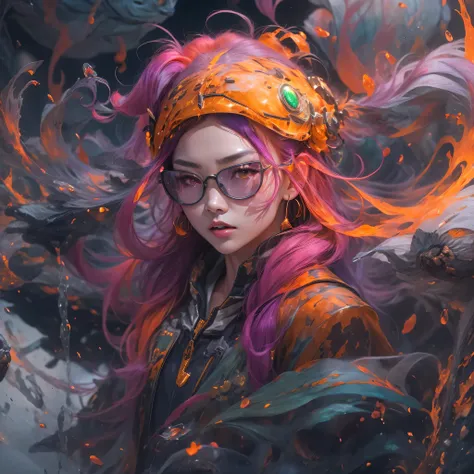 5679 Cyberpunk Year（masterpiece，HD，超HD，32k lotus root starch）Bright purple flowing hair，autumn pond， lotus root starch color， Asian （Michiko）， （silk scarf）， fighting stance， looking at the ground， Orange gradient long hair， ((Thick frame reflective jade wi...