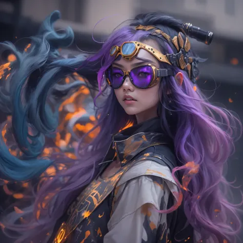 5679 Cyberpunk Year（masterpiece，HD，超HD，32k lotus root starch）Bright purple flowing hair，autumn pond， lotus root starch color， Asian （Michiko）， （silk scarf）， fighting stance， looking at the ground， Orange gradient long hair， ((Thick frame reflective jade wi...