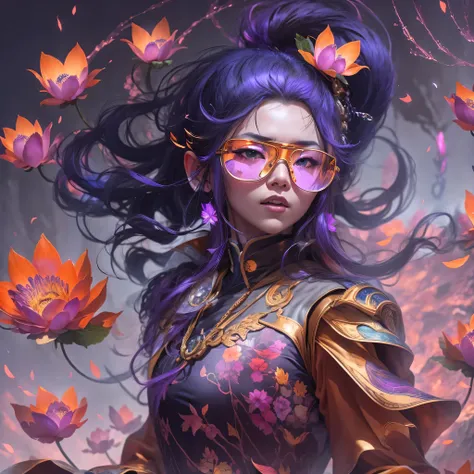 5679 Cyberpunk Year（masterpiece，HD，超HD，32k lotus root starch）Bright purple flowing hair，autumn pond， lotus root starch color， Asian （Michiko）， （silk scarf）， fighting stance， looking at the ground， Orange gradient long hair， ((Thick frame reflective jade wi...