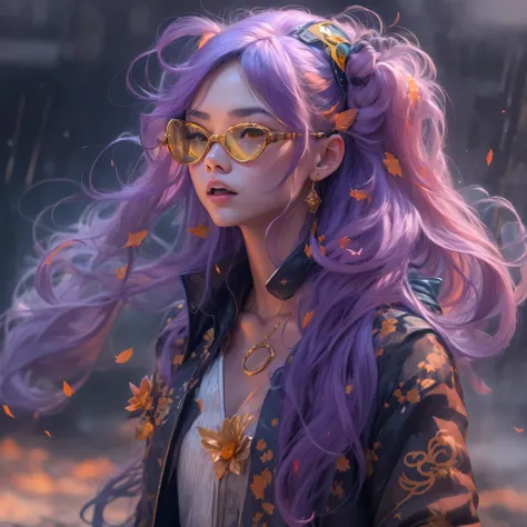 5679 Cyberpunk Year（masterpiece，HD，超HD，32k lotus root starch）Bright purple flowing hair，autumn pond， lotus root starch color， Asian （Michiko）， （silk scarf）， fighting stance， looking at the ground， Orange gradient long hair， ((Thick frame reflective jade wi...