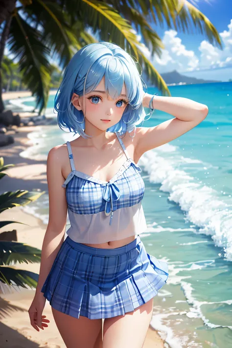 Beauty in Hawaii, dressed in a white and light blue gingham check camisole and a coordinating white mini skirt, her blue hair cascading down in soft waves against the backdrop of a blue sky. The blue eyes that mirrored the heavens above sparkled with delig...