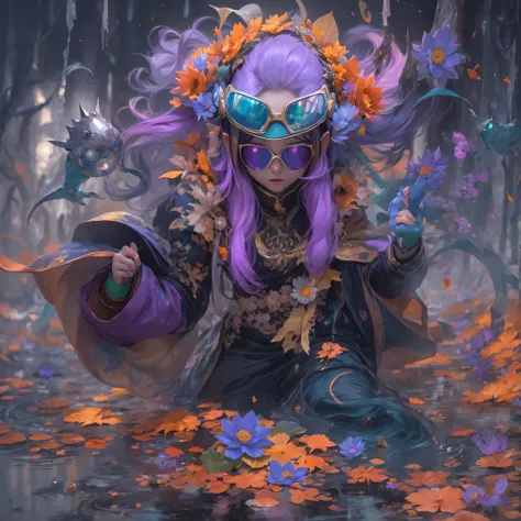 5679 Cyberpunk Year（masterpiece，HD，超HD，32k lotus root starch）Bright purple flowing hair，autumn pond， lotus root starch color， Asian （Michiko）， （silk scarf）， fighting stance， looking at the ground， Orange gradient long hair， ((Thick frame reflective jade wi...