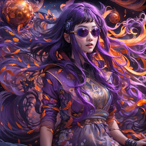 Chapter 3679 The Year of Cyberpunk（masterpiece，HD，超HD，32k lotus root starch）Bright purple flowing hair，autumn pond， lotus root starch color， Asian （Michiko）， （silk scarf）， fighting stance， looking at the ground， Orange gradient long hair， ((Thick frame ref...