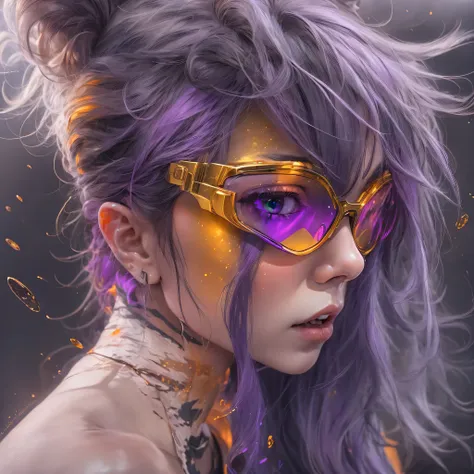 Chapter 3679 The Year of Cyberpunk（masterpiece，HD，超HD，32k lotus root starch）Bright purple flowing hair，autumn pond， lotus root starch color， Asian （Michiko）， （silk scarf）， fighting stance， looking at the ground， Orange gradient long hair， ((Thick frame ref...