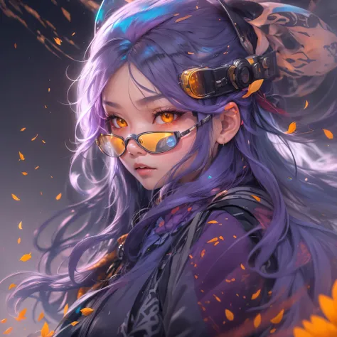 Chapter 3679 The Year of Cyberpunk（masterpiece，HD，超HD，32k lotus root starch）Bright purple flowing hair，autumn pond， lotus root starch color， Asian （Michiko）， （silk scarf）， fighting stance， looking at the ground， Orange gradient long hair， ((Thick frame ref...