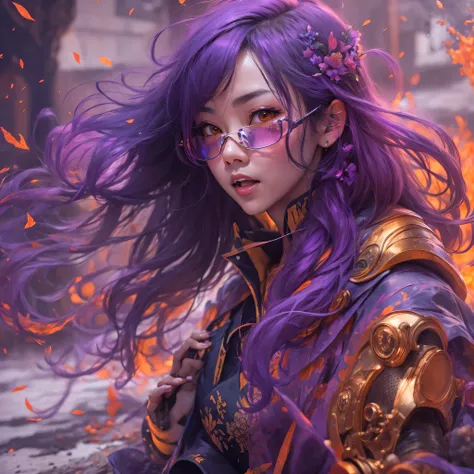 Chapter 3679 The Year of Cyberpunk（masterpiece，HD，超HD，32k lotus root starch）Bright purple flowing hair，autumn pond， lotus root starch color， Asian （Michiko）， （silk scarf）， fighting stance， looking at the ground， Orange gradient long hair， ((Thick frame ref...